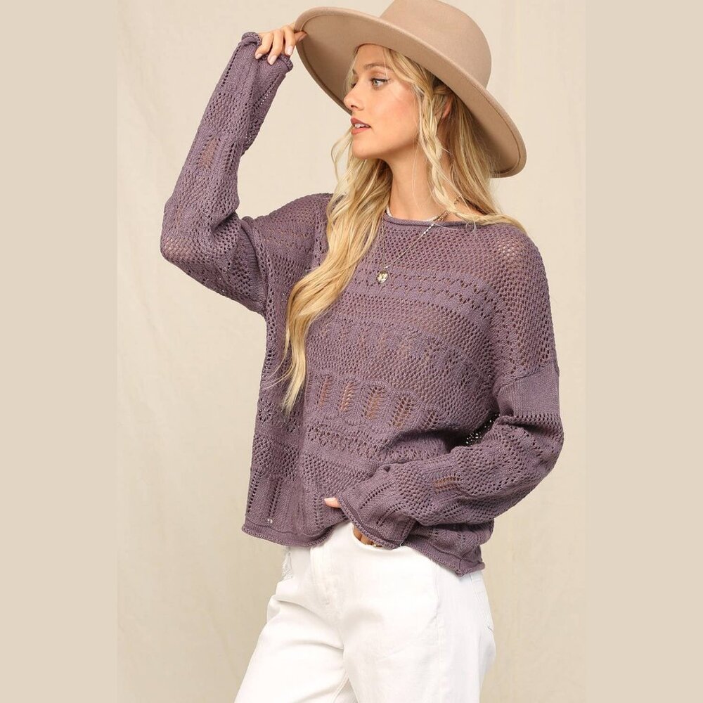 NWT KyeMi Pointelle Dolman Sweater – Purple – Size Large